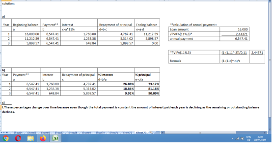 solution; Year Beginning balance Payment** interest c=a* 11% کا انما با **calculation of annual payment: Loan amount /PVIFA(1