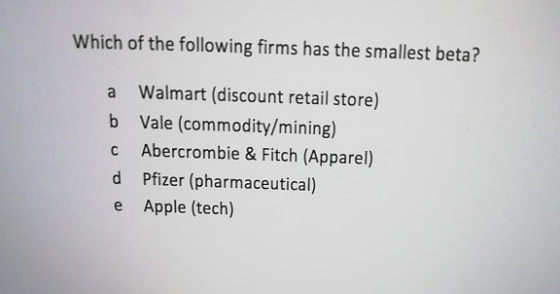 Which of the following firms has the smallest beta? Walmart (discount retail store) a b Vale (commodity/mining) Abercrombie &
