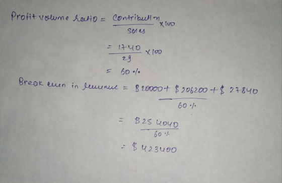 Profit volume ratio = contribution xlus seres X LOD - 17.40 29 E bool Break even in hunue = 820000+ $206200+ $ 27840 60% = $2