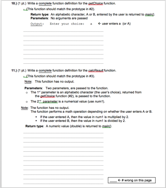 10.) (1 pt.) Write a complete function definition for the getChoice function. sufThis function should match the prototype in
