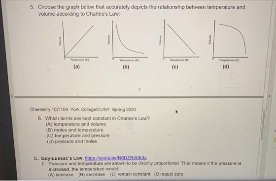 5. Choose the graph below that accurately depicts the relationship between temperature and volume according to Charless Law