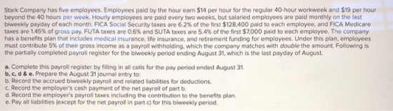 Stark Company has five employees. Employees paid by the hour earn $14 per hour for the regular 40 hour workweek and $19 per h