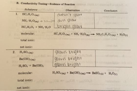 B. Conductivity Testing --Evidence of Reaction Substance Observation Conclusion 1. HC,H,O3(aq) doesnt glow NH, H2O(aq) → NHO