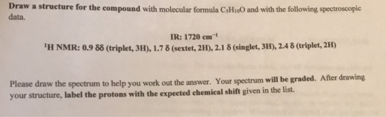 Draw a structure for the compound with molecular formula CsH..O and with the following spectroscope data. IR: 1720 cm H NMR: