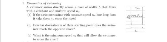 1. Kinematics of swimming A swimmer swims directly across a river of width L that flows with a constant and uniform speed uo.