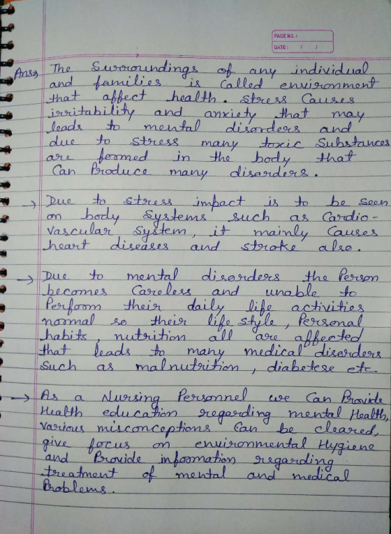 PAGE NO.: DATE: The Surroundings of any individual and families is called environment that affect health stress Causes irrita