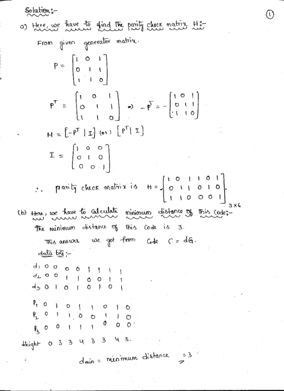 Solutiene- re, ωe have to ind Te parity chick matrix, H:-. From given generalov matrio tO (b) Heu, toe haue to alculali minimum distance 3% Fis Codet- data bit:- 0 min nuun imum dk*tane .3