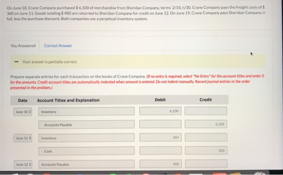 On June 10, Crane Company purchased $ 6,100 of merchandise from Sheridan Company, terms 2/10, n/30. Crane Company pays the freight costs of 360 on June 11. Goods totaling $400 are returned to Sheridan Company for credit on June 12. On June 19, Crane Company pays Sheridan Company in full, less the purchase discount. Both companies use a perpetual inventory system. You Answered Correct Answer Your answer is partially correct Prepare separate entries for each transaction on the books of Crane Company.(f no entry is required, select No Entry for the account titles and enter for the amounts Credit account titles are automatically indented when amount is entered. Do not indent manually. Record journal entries in the order presented in the problem.) Date Account Titles and Explanation Debit Credit June 10 Inventory 6,100 Accounts Payable 6,100 1Inventory 360 Cash 360 400 June 12 Accounts Payable