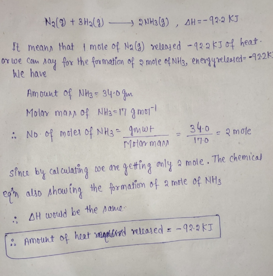 N2 (9) + 3H2(g) - 2NH3(g), AH = -92.2 KJ It means that I mole of Na (9) released -92.2 kJ of heat. as we can say for the form