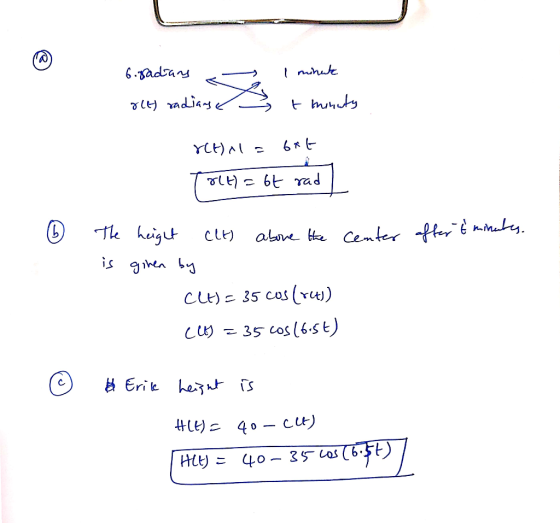 6. radians . re) radians & 1 minute t minuty &(6) a= bat Tole) = 6t rad 6 center after t mine The is height (lt) above the gi