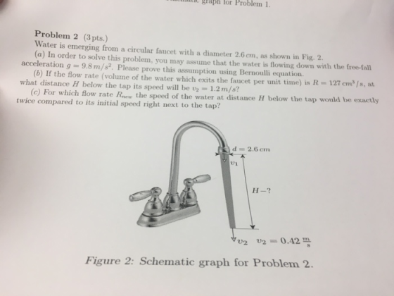 graph lor Problem 1. Problem 2 (3pts.) Water is emerging from a circular faucet with a diameter 2.6 cm, as shown in Fig. 2. (