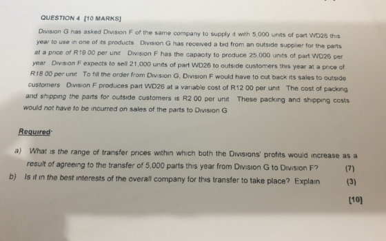 QUESTION 4 (10 MARKS] Division G has asked Division F of the same company to supply it with 5,000 units of part WD26 this yea