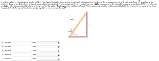 A uniform ladder is 14 m long and weighs 190 N. In the figure, the ladder leans against a vertical, frictionless wall at heig