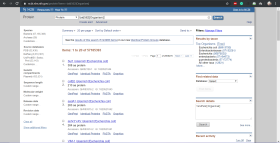 → cbi.nlm.nih.gov/protein?term=txid562[Organism] 3 NCBI Resources How To Sign in to NCBI Protein Protein txid562[Organism]||