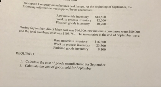 mpson Company manufactures desk lamps. At the beginning of September, the following information was supplied by its accountan