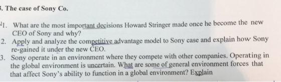 1. The case of Sony Co. 1. What are the most important decisions Howard Stringer made once he become the new CEO of Sony and
