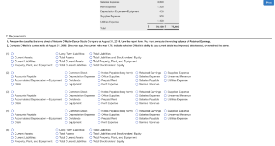 Print Salaries Expense Rent Expense Depreciation Expense-Equipment Supplies Expense 1,100 400 500 1,100 Utilities Expense $ 7