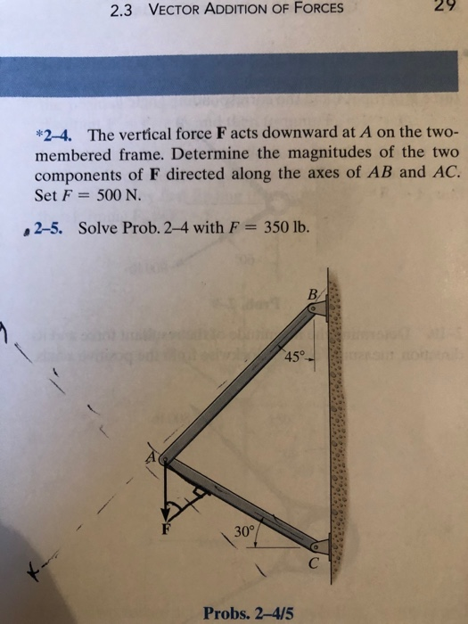 2.3 VECTOR ADDITION OF FORCES *2-4. The vertical force Facts downward at A on the two- membered frame. Determine the magnitud