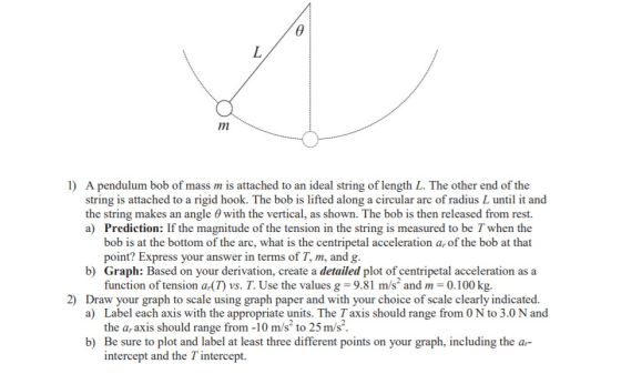 1) A pendulum bob of mass m is attached to an ideal string of length L. The other end of the string is attached to a rigid ho