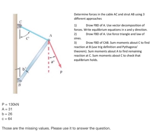 Determine forces in the cable AC and strut AB using 3 different approaches 1) forces. Write equilibrium equations in x and y direction. 2) sines. 3) reaction at B (use trig definition and Pythagoras theorem). Sum moments about A to find remaining reaction at C. Sum moments about C to check that equilibrium holds. Draw FBD of A. Use vector decomposition of Draw FBD of A. Use force triangle and law of Draw FBD of CAB. Sum moments about C to find С P 130kN A 31 b- 26 с 64 Those are the missing values. Please use it to answer the question