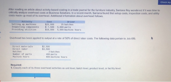 Check my After reading an article about activity-based costing in a trade journal for the furniture industry, Santana Rey won