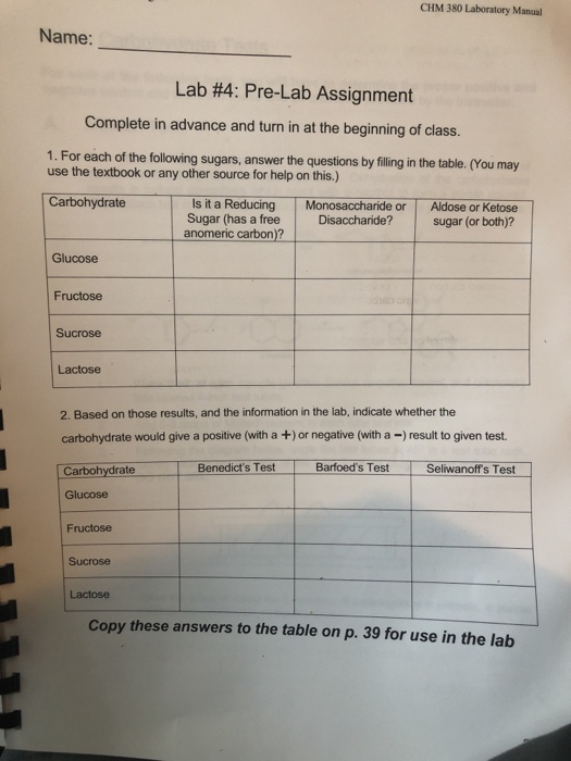 CHM 380 Laboratory Manual Name: Lab #4: Pre-Lab Assignment Complete in advance and turn in at the beginning of class. 1. For