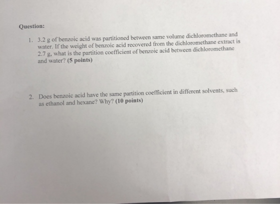 Question: 1. 3.2 g of benzoic acid was partitioned between same volume dichloromethane and water. If the weight of benzoic ac