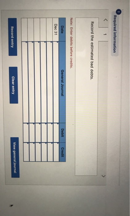 Required information Record the estimated bad debts. Note: Enter debits before credits. General Journal Debit Credit Date Dec