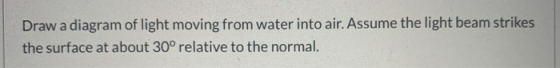 Draw a diagram of light moving from water into air. Assume the light beam strikes the surface at about 30° relative to the no