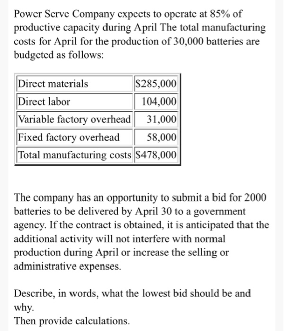 Power Serve Company expects to operate at 85% of productive capacity during April The total manufacturing costs for April for