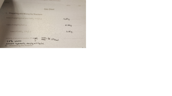 Data Sheet 1 Preparing and Mixing the Reactants mass of weighing boat and Cuso, 5H,O. g mass of weighing boat, g o.6bg mass o