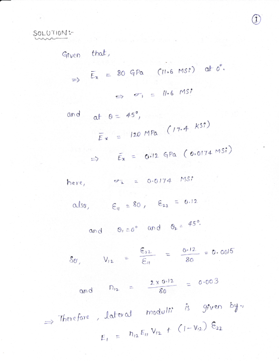 SOLUTIO Gtven that and at 045, ks) Ex = 120 MPa (17-4 Ex012 GPa C00174 MS ere ナ1 0.0/74 MS? ニ E8o,0.12 and θ, 0° and θ,-45°. , 0015 12 So 2 x 0.12 an d