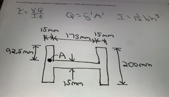 If the wide range beam is subjected to a shear stress of t4 MPa determine the seat on the web Z=vQ It 야서 금h크 I5mm 17mmy 15mm