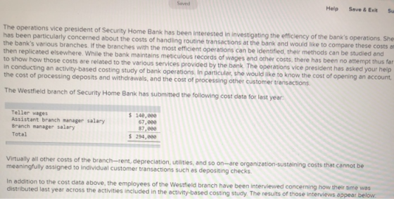 Saved Help Save & Exit Su The operations vice president of Security Home Bank has been interested in investigating the effici