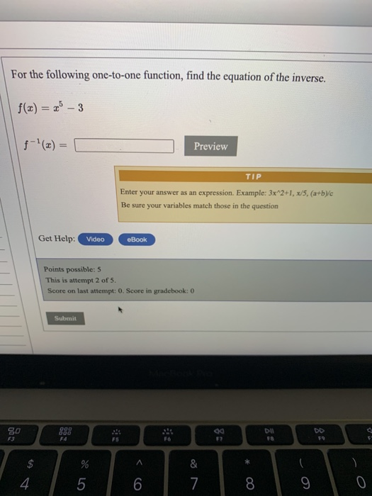 For the following one-to-one function, find the equation of the inverse. f(x) = 26 - 3 f-() Preview TIP Enter your answer as