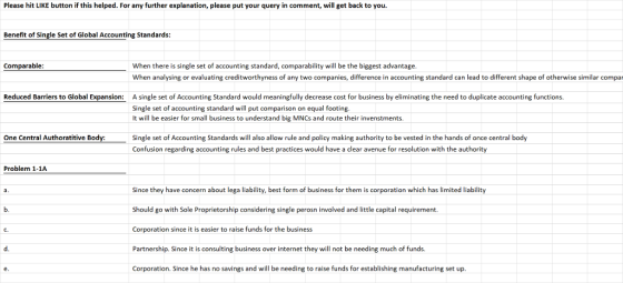 Please hit LIKE button if this helped. For any further explanation, please put your query in comment, will get back to you. Benefit of Single Set of Global Accounting Standards Comparable When there is single set of accounting standard, comparability will be the biggest advantage When analysing or evaluating creditworthyness of any two companies, difference in accounting standard can lead to different shape of otherwise similar compar Reduced Bariers to Global Expansion A single set of Accounting Standard would meaningfully decrease cost for business by eliminating the need to duplicate accounting functions Single set of accounting standard will put comparison on equal footing It will be easier for small business to understand big MNCs and route their invenstments. One Central Authoratitive Body:Single set of Accounting Standards will also allow rule and policy making authority to be vested in the hands of once central body Confusion regarding accounting rules and best practices would have a clear avenue for resolution with the authority Problem 1-1A Since they have concern about lega liability, best form of business for them is corporation which has limited liability Should go with Sole Proprietorship considering single perosn involved and little capital requirement Corporation since it is easier to raise funds for the business Partnership. Since it is consulting business over internet they will not be needing much of funds. Corporation. Since he has no savings and will be needing to raise funds for establishing manufacturing set up C. ed. e.