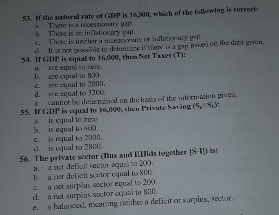 53. If the natural rate of GDP is 16,000, which of the following is correct: a. There is a recessionary gap. b. There is an i