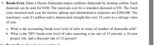 9. Break-Even. Dime a Dozen Diamonds makes synthetic diamonds by treating carbon. Each diamond can be sold for $100. The materials cost for a standard diamond is $30. The fixed costs incurred each year for factory upkeep and administrative expenses are $200,000. The machinery costs S1 million and is depreciated straight-line over 10 years to a salvage value of zero. a. What is the accounting break-even level of sales in terms of number of diamonds sold? b. What is the NPV break-even level of sales assuming a tax rate of 35 percent, a 10-year project life, and a discount rate of 12 percent?