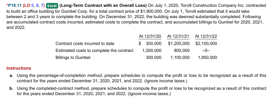 *P18.11 (LO 5, 6, 7) Excel (Long-Term Contract with an Overall Loss) On July 1, 2020, Torvill Construction Company Inc. contr
