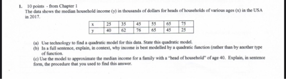 1. 10 points - from Chapter 1 The data shows the median household income (y) in thousands of dollars for heads of households