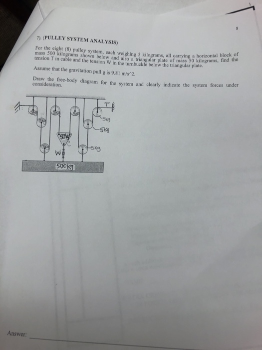 7 (PULLEY SYSTEM ANALYSIS) For the eight (8) pulley system, each weighing 5 kilograms, all carrying a horizonblok mass 500 kilograms shown below and also a triangular plate of mass 50 kilograms, find the tension T in cable and the tension W in the turnbuckle below the triangular plate. Assume that the gravitation pull g is 9.81 m/s*2 Draw the free-body diagram for the system and clearly indicate the system forces under consideration. Answer