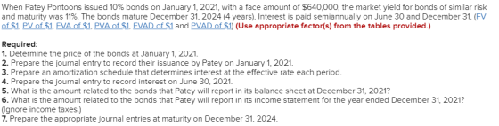 When Patey Pontoons issued 10% bonds on January 1, 2021, with a face amount of $640,000, the market yield for bonds of simila