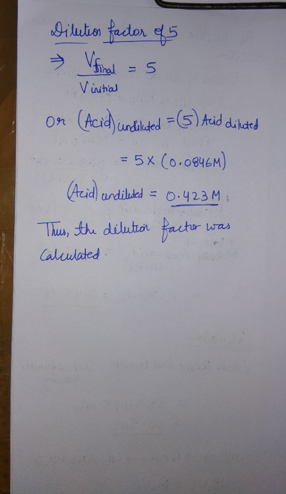 Dilution factor of 5 Vi final = 5 Vinitial or (Acid) undiluted = (5) Acid dilated = 5x (0.0846M) (Acid) undiluted = 0.423M, T