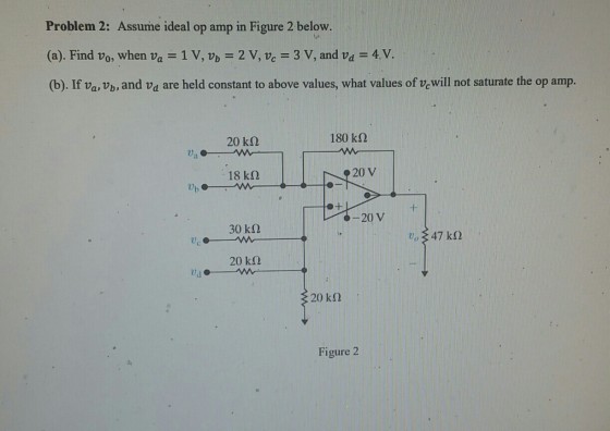 Problem 2: Assume ideal op amp in Figure 2 below. (a). Find Vo, when va = 1 V, v,-2 V, vc = 3 V, and v.-4-V. (b). If va, Vb, and va are held constant to above values, what values of vewill not saturate the op amp. 20 kΩ 180 kΩ 18 kΩ 20 V -t 20 V 30 kΩ 20 kΩ 20 kΩ Figure 2