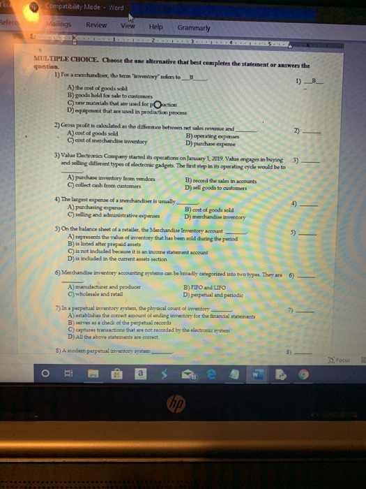 Compatibility Mode - Word Refere Mailings Review View Help Grammarly MULTIPLE CHOICE. Choose the one alternative that best co