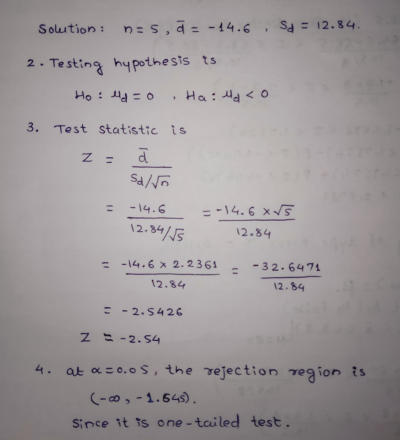 Solution : n=5, a = -14.6 , Sd = 12.84. - Testing hypothesis is Hold-o Haud co 3. Test statistic is Z el Sd/ -14.6 =-14.685 1