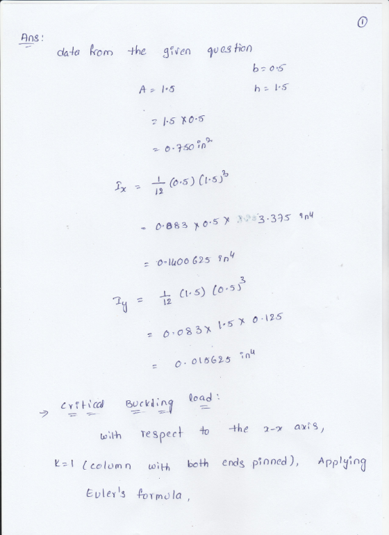 Ans: data Rom the given quas ticn A 1.5 2 15 X0.5 12 3 12 01sG25 Yfti Bucking load teilh Tespee t to theas t-t (celomn with both ends pianed), Applying Evlers ormo la,