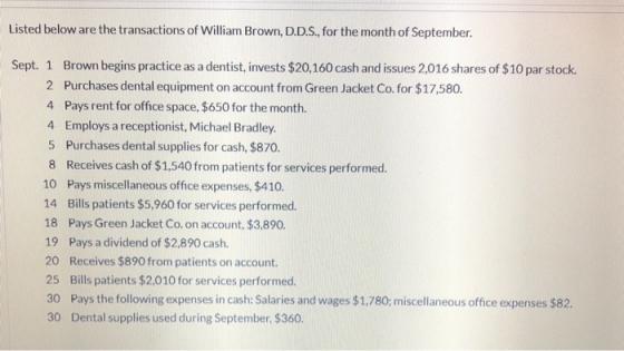 Listed below are the transactions of William Brown, D.D.S., for the month of September Sept. 1 Brown begins practice as a den