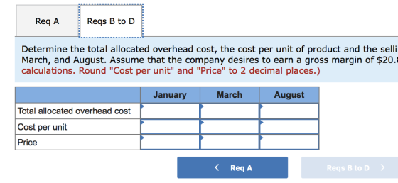 Req A Reqs B to D Determine the total allocated overhead cost, the cost per unit of product and the selli March, and August. Assume that the company desires to earn a gross margin of $20.: calculations. Round Cost per unit and Price to 2 decimal places.) January March August Total allocated overhead cost Cost per unit Price 〈 Req A Reqs B to D