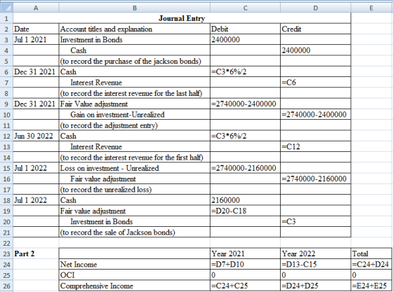 Journal Entry Account titles and explanation Investment in Bonds Debit Credit 2 Date 2400000 3 Jul 1 2021 2400000 Cash 4 (to